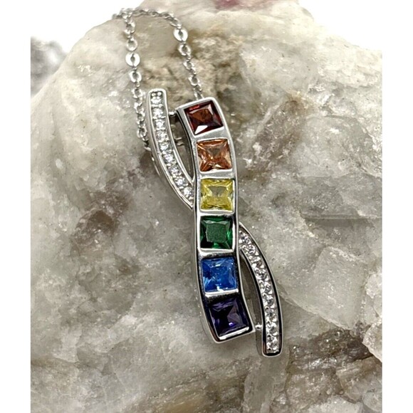 Cynthia Rowley New York Rainbow CZ Pendant 18 -20'' Necklace Sterling 925 Silver - Picture 1 of 10